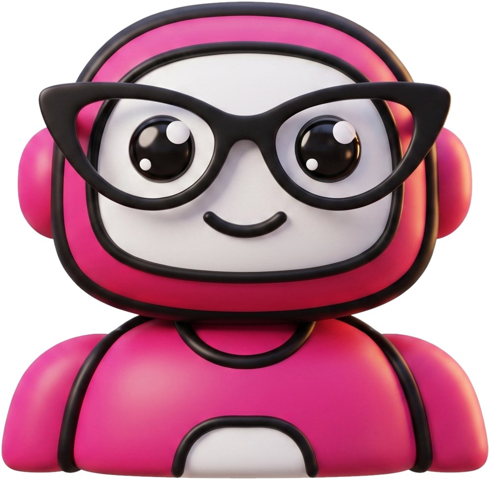 Mabel, a friendly fuchsia robot wearing black cat-eye glasses